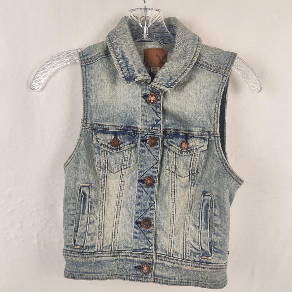 American Eagle Outfitters Denim Vest Womens XS Blue Button Front Distressed